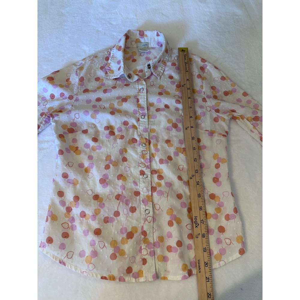 Odille Anthropologie Fruit Heart Swiss Dot Snap Button Blouse White Pink Size 2 - Picture 3 of 6